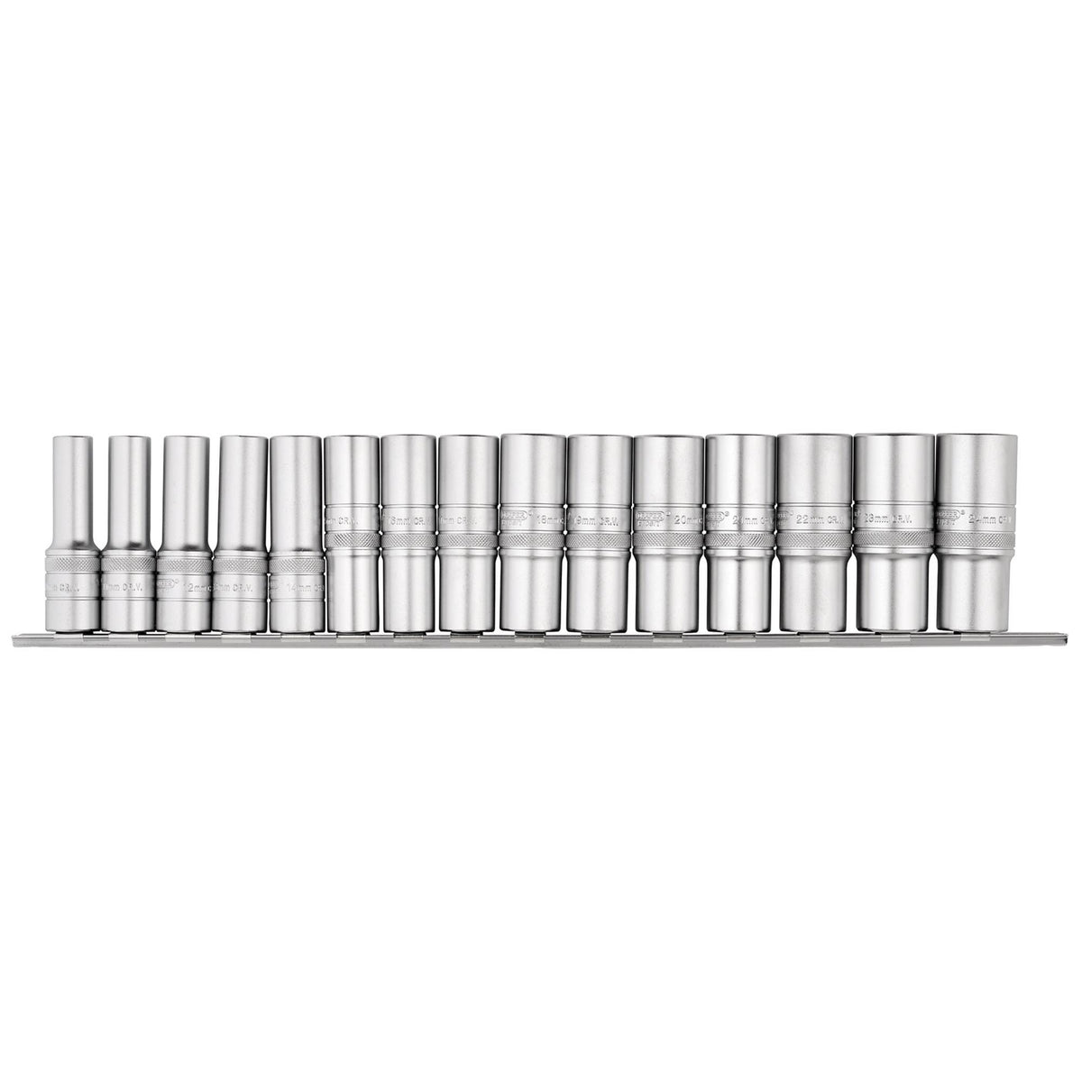 DRAPER 1/2" Sq. Dr. Metric Deep Sockets on a Socket Rail (15 Piece): Model No. H15MD/SR