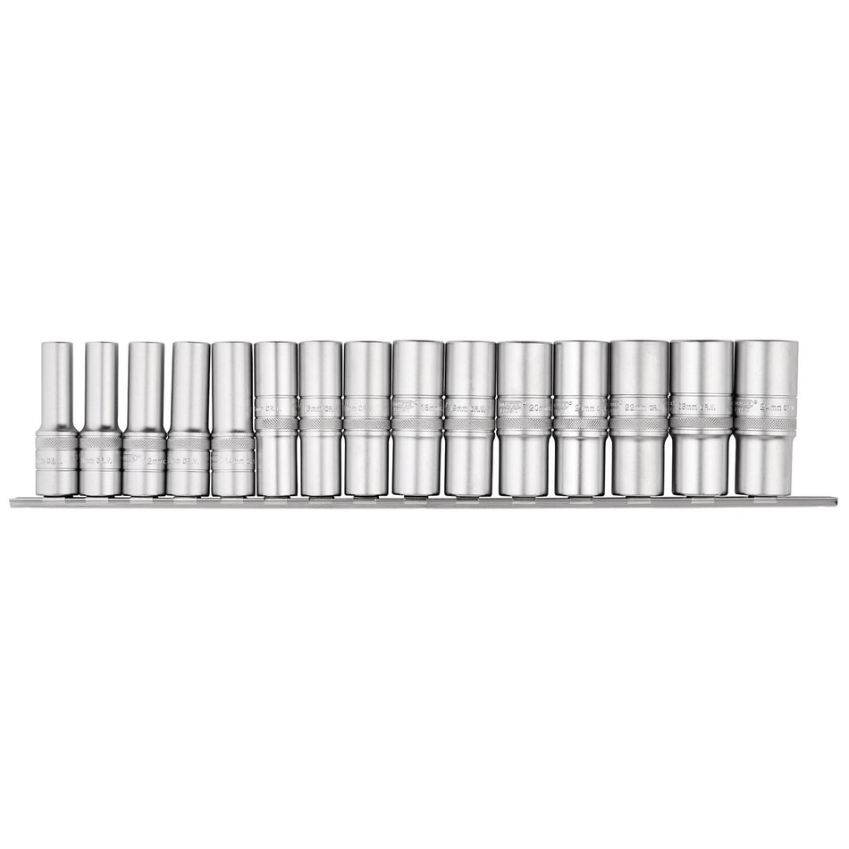 DRAPER 1/2" Sq. Dr. Metric Deep Sockets on a Socket Rail (15 Piece): Model No. H15MD/SR