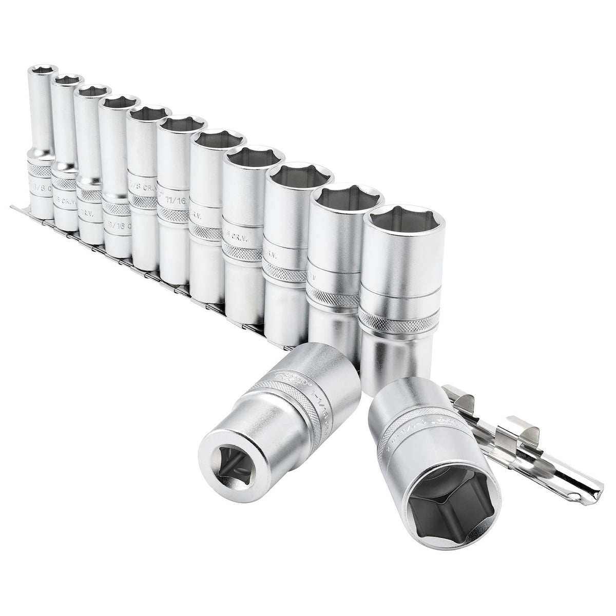 DRAPER 1/2" Sq. Dr. Imperial Deep Sockets on a Metal Rail (13 Piece): Model No. H13AD/SR