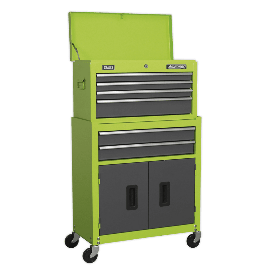 Topchest & Rollcab Combination 6 Drawer with Ball Bearing Runners - Hi-Vis Green/Grey Model No.-21739