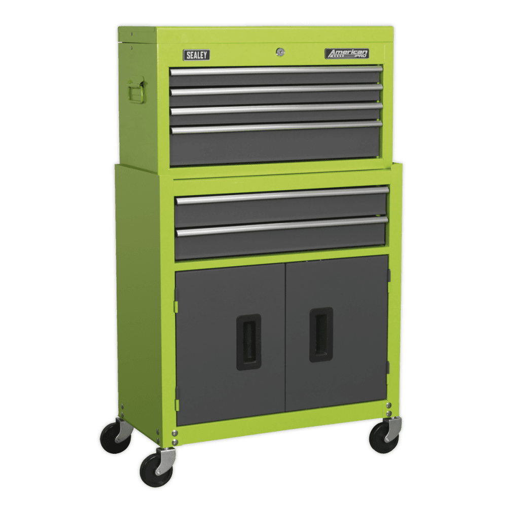 Topchest & Rollcab Combination 6 Drawer with Ball Bearing Runners - Hi-Vis Green/Grey Model No.-21739
