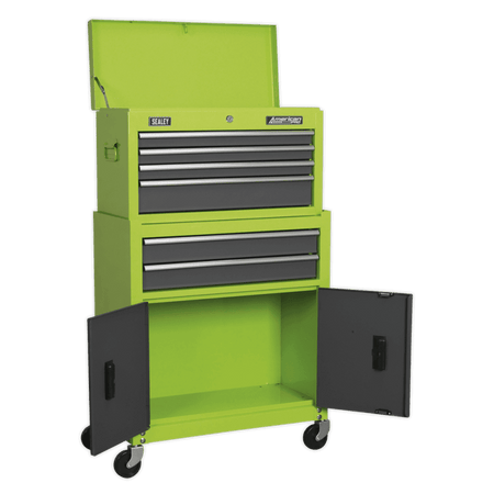 Topchest & Rollcab Combination 6 Drawer with Ball Bearing Runners - Hi-Vis Green/Grey Model No.-21739