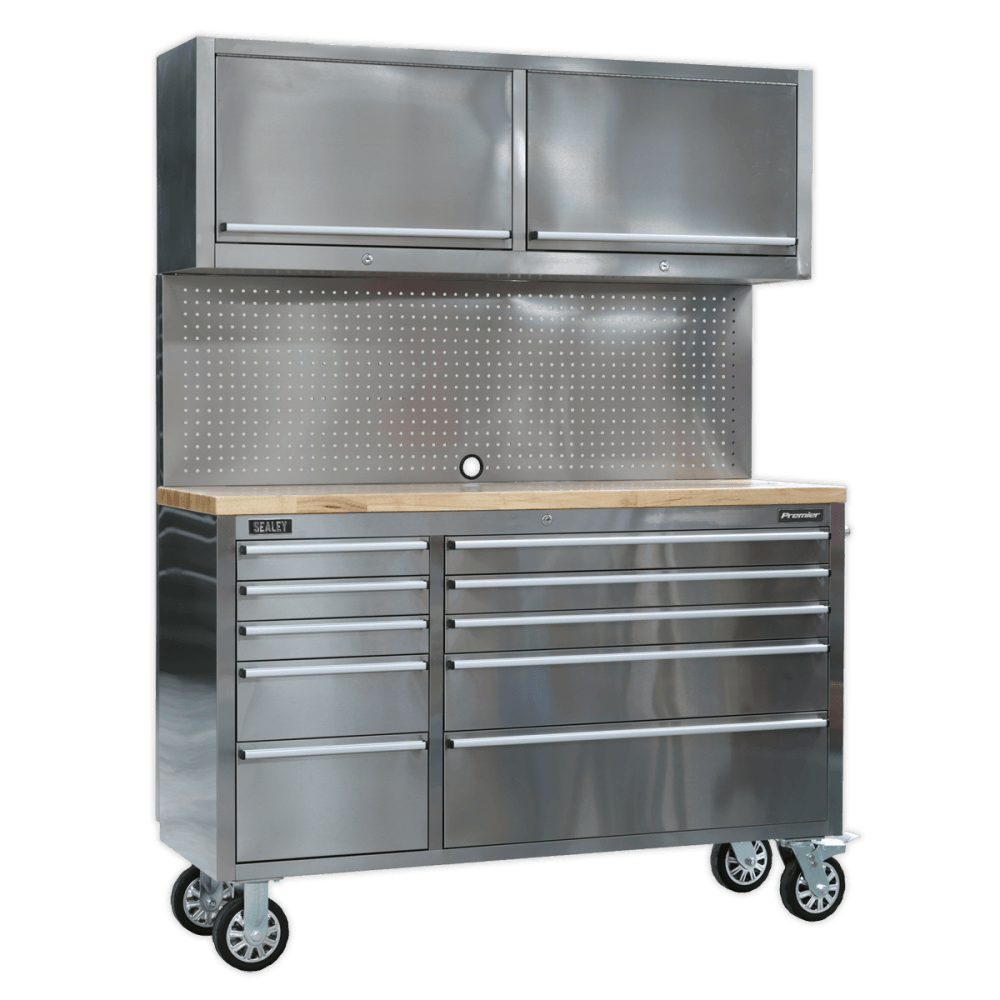Mobile Stainless Steel Tool Cabinet 10 Drawer with Backboard & 2 Wall Cupboards Model No.-21900