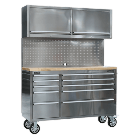 Mobile Stainless Steel Tool Cabinet 10 Drawer with Backboard & 2 Wall Cupboards Model No.-21900