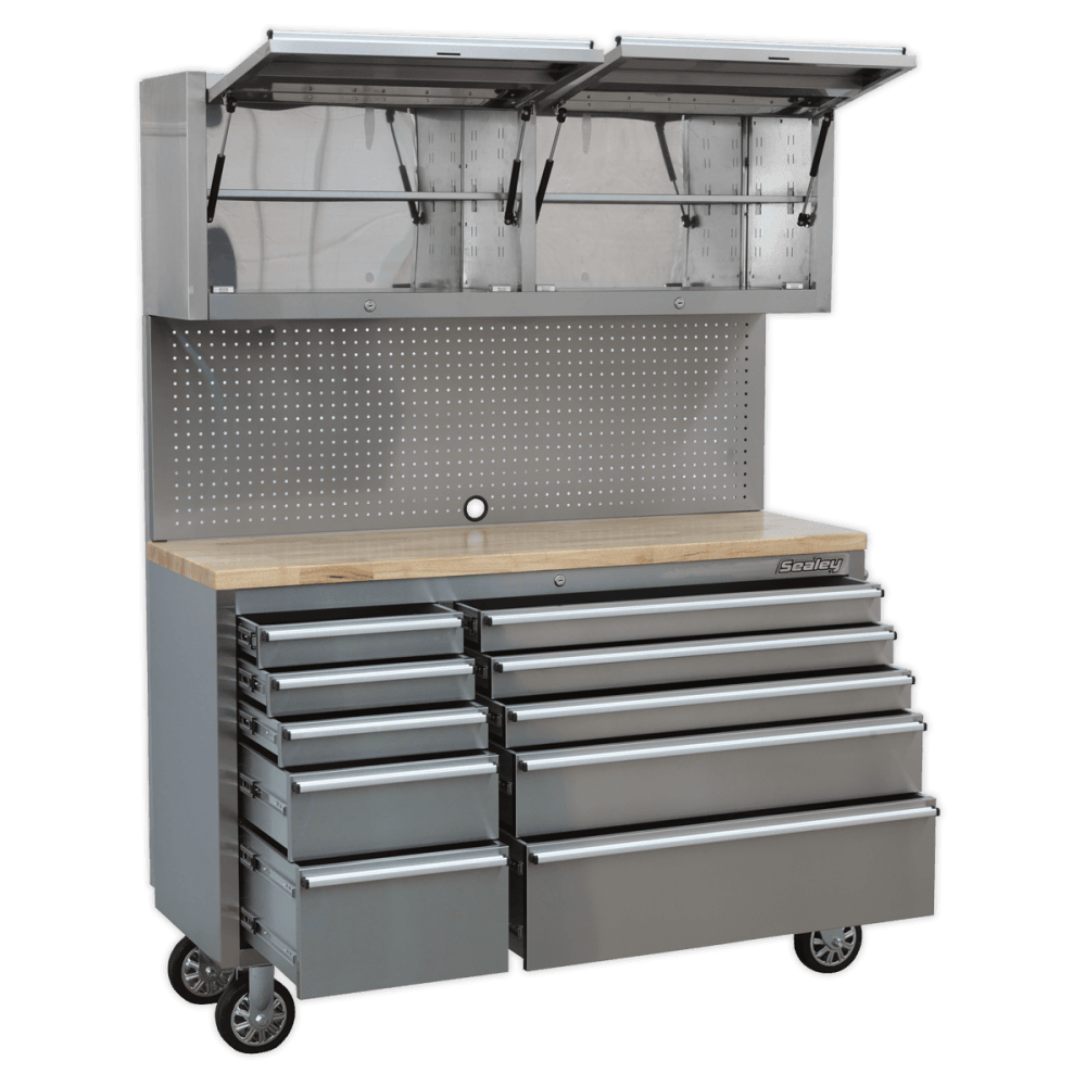 Mobile Stainless Steel Tool Cabinet 10 Drawer with Backboard & 2 Wall Cupboards Model No.-21900