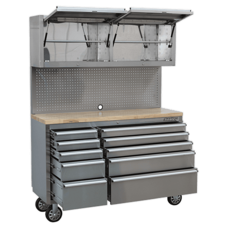 Mobile Stainless Steel Tool Cabinet 10 Drawer with Backboard & 2 Wall Cupboards Model No.-21900