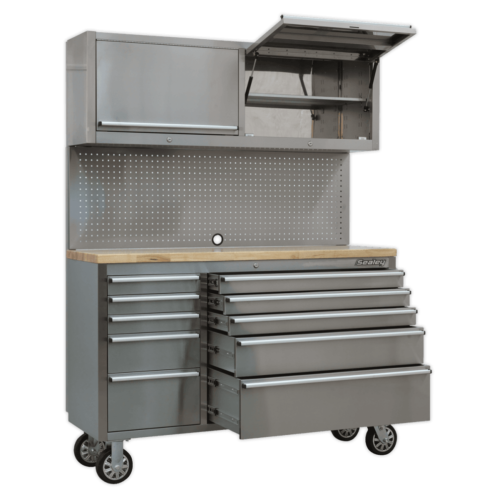 Mobile Stainless Steel Tool Cabinet 10 Drawer with Backboard & 2 Wall Cupboards Model No.-21900