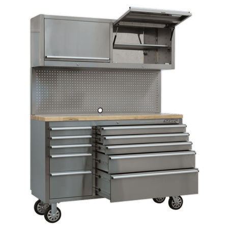 Mobile Stainless Steel Tool Cabinet 10 Drawer with Backboard & 2 Wall Cupboards Model No.-21900