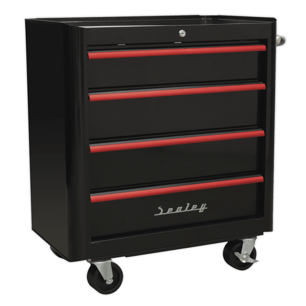 Rollcab 4 Drawer Retro Style- Black with Red Anodised Drawer Pulls Model No.-21922