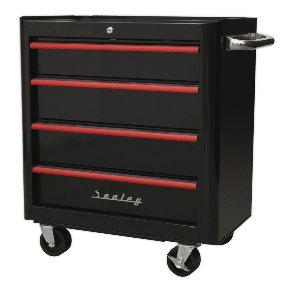 Rollcab 4 Drawer Retro Style- Black with Red Anodised Drawer Pulls Model No.-21922