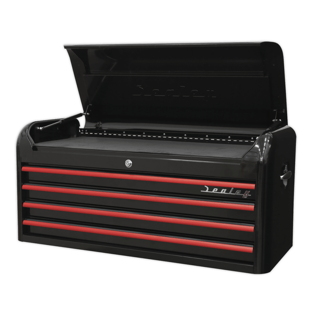 Topchest 4 Drawer Wide Retro Style - Black with Red Anodised Drawer Pulls Model No.-21923