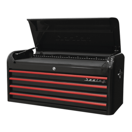 Topchest 4 Drawer Wide Retro Style - Black with Red Anodised Drawer Pulls Model No.-21923