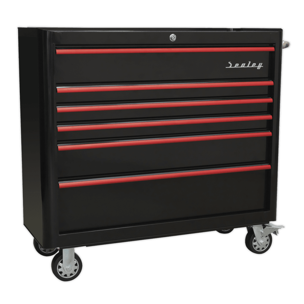 Rollcab 6 Drawer Wide Retro Style - Black with Red Anodised Drawer Pulls Model No.-21924