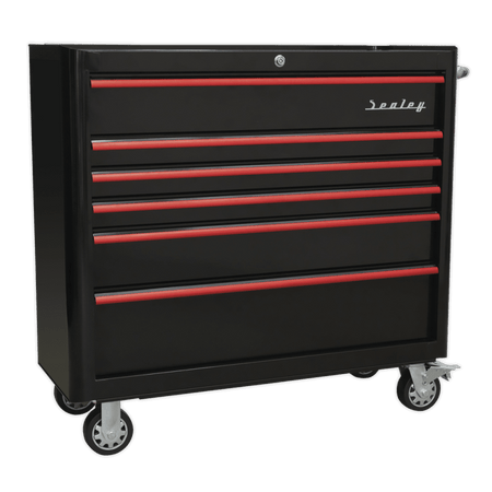 Rollcab 6 Drawer Wide Retro Style - Black with Red Anodised Drawer Pulls Model No.-21924