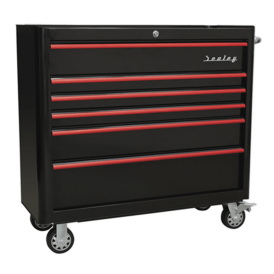 Rollcab 6 Drawer Wide Retro Style - Black with Red Anodised Drawer Pulls Model No.-21924