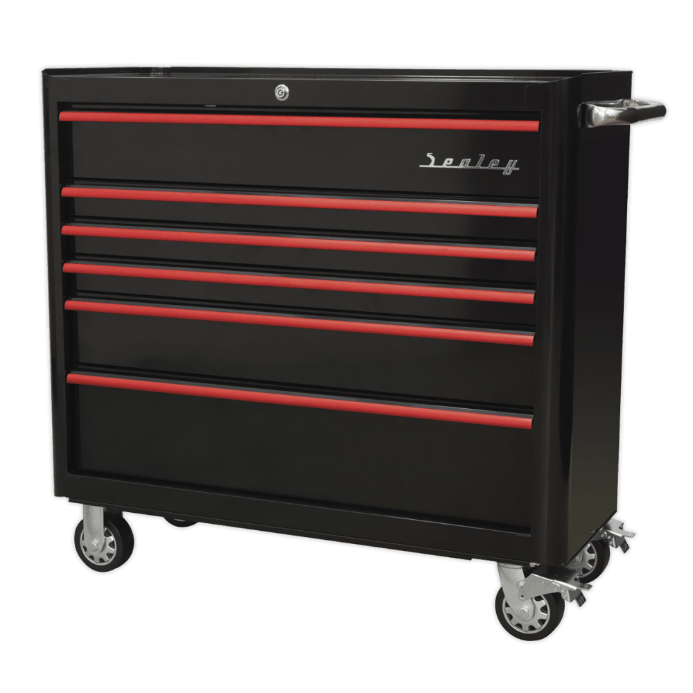 Rollcab 6 Drawer Wide Retro Style - Black with Red Anodised Drawer Pulls Model No.-21924