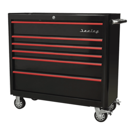 Rollcab 6 Drawer Wide Retro Style - Black with Red Anodised Drawer Pulls Model No.-21924