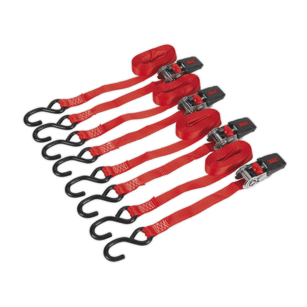 Ratchet Tie Down 25mm x 4mtr Polyester Webbing with S Hooks 800kg Load Test - 2 Pairs Model No- 22484