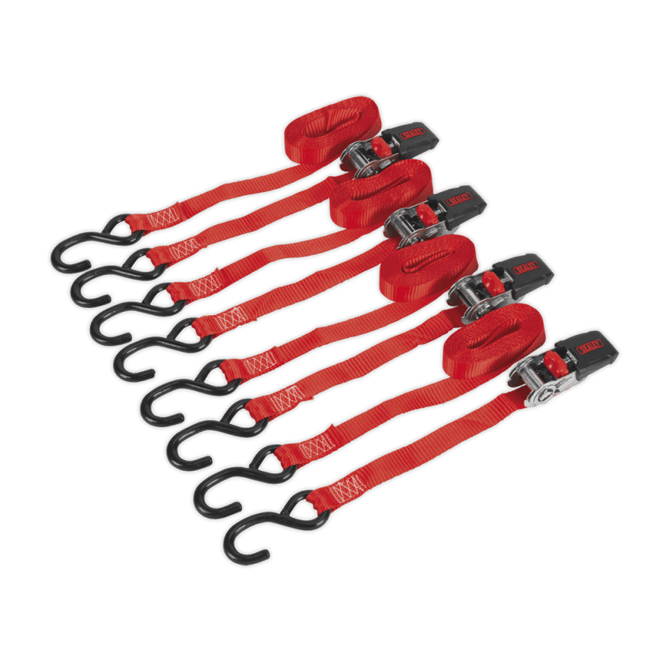 Ratchet Tie Down 25mm x 4mtr Polyester Webbing with S Hooks 800kg Load Test - 2 Pairs Model No- 22484
