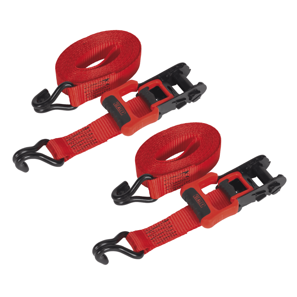 Ratchet Tie Down 32mm x 4.9mtr Polyester Webbing with J Hooks 1200kg Load Test - 2 Pairs Model No- 22485