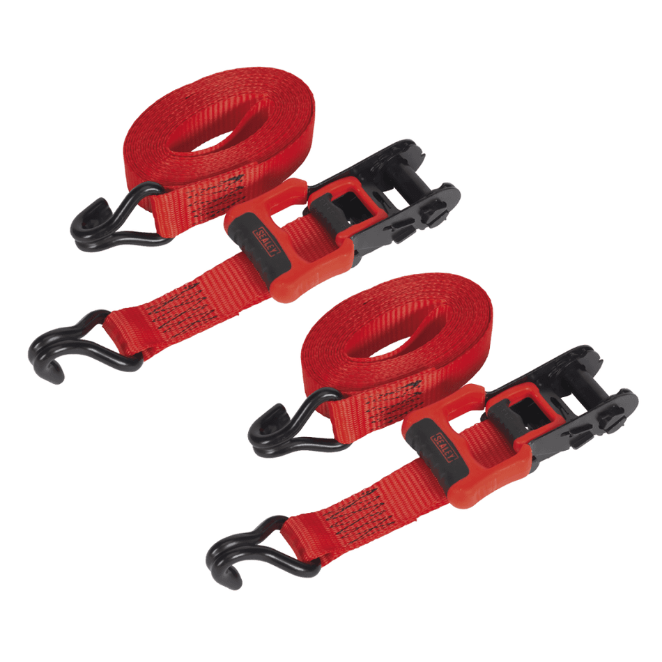 Ratchet Tie Down 32mm x 4.9mtr Polyester Webbing with J Hooks 1200kg Load Test - 2 Pairs Model No- 22485