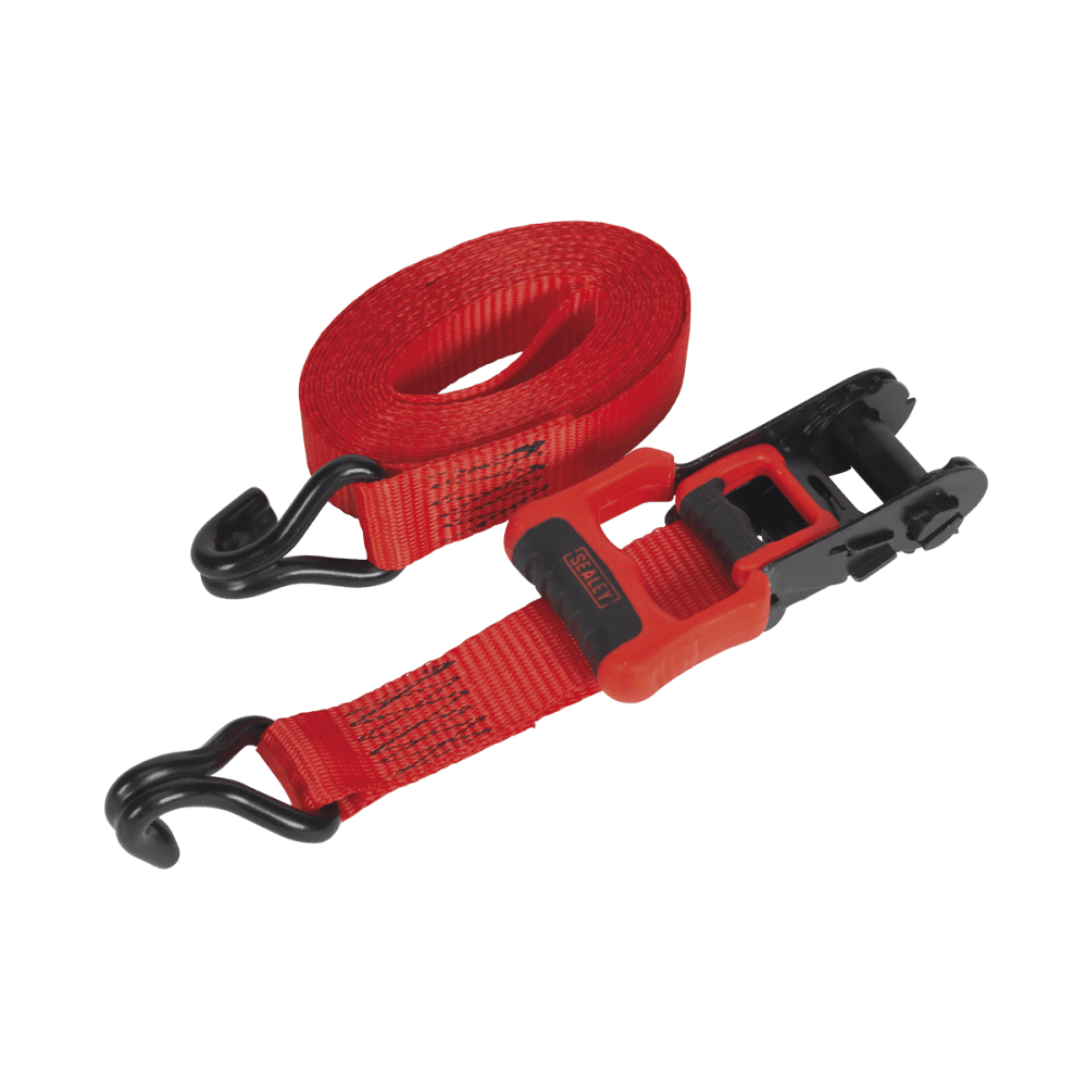 Ratchet Tie Down 32mm x 4.9mtr Polyester Webbing with J Hooks 1200kg Load Test - 2 Pairs Model No- 22485