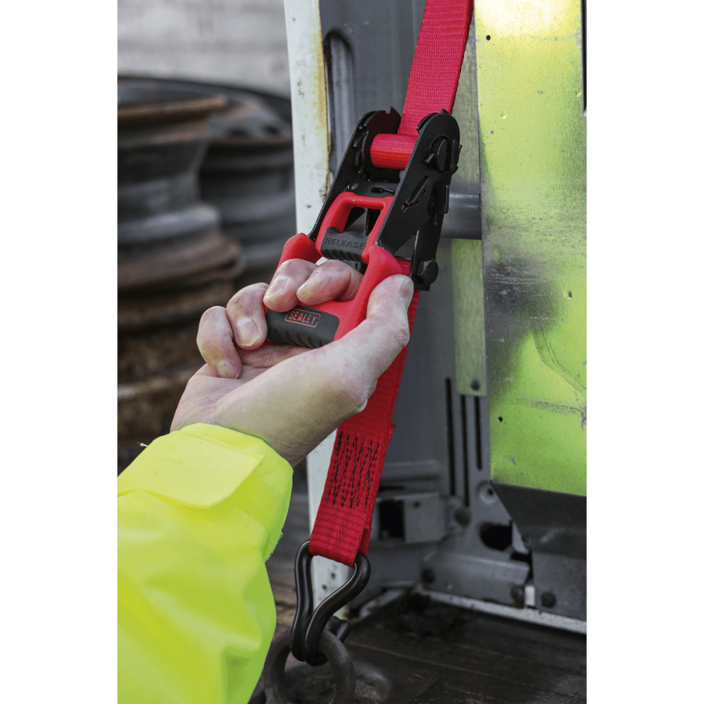 Ratchet Tie Down 32mm x 4.9mtr Polyester Webbing with J Hooks 1200kg Load Test - 2 Pairs Model No- 22485