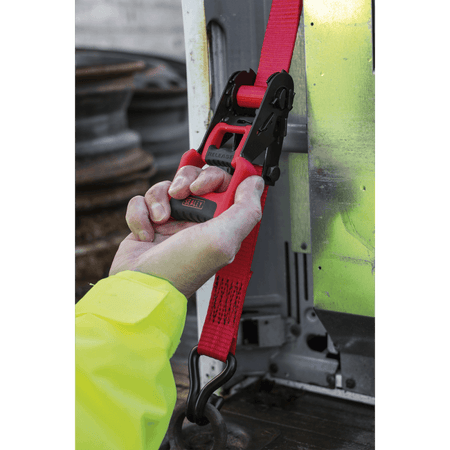 Ratchet Tie Down 32mm x 4.9mtr Polyester Webbing with J Hooks 1200kg Load Test - 2 Pairs Model No- 22485