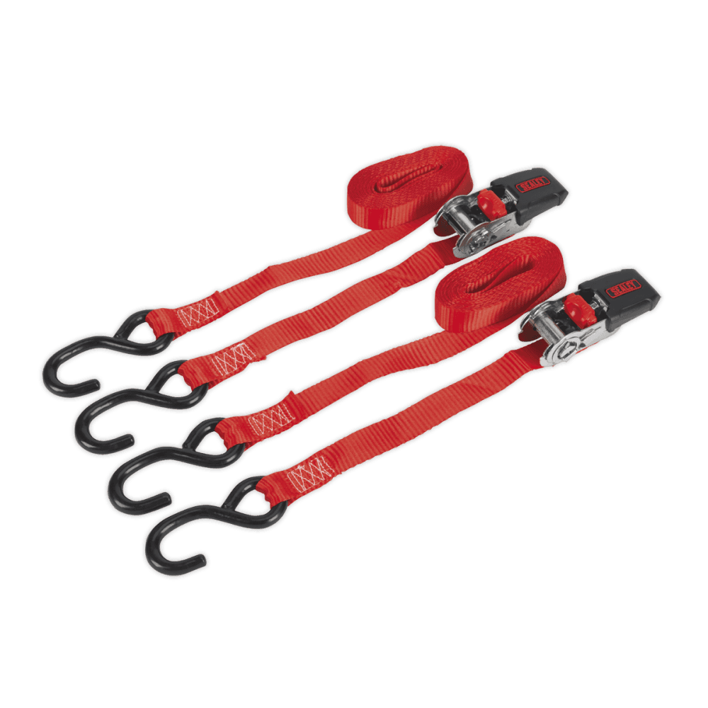 Ratchet Tie Down 25mm x 4mtr Polyester Webbing with S Hooks 800kg Load Test - Pair Model No- 22482