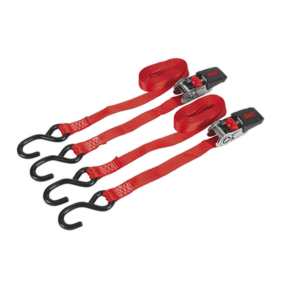 Ratchet Tie Down 25mm x 4mtr Polyester Webbing with S Hooks 800kg Load Test - Pair Model No- 22482