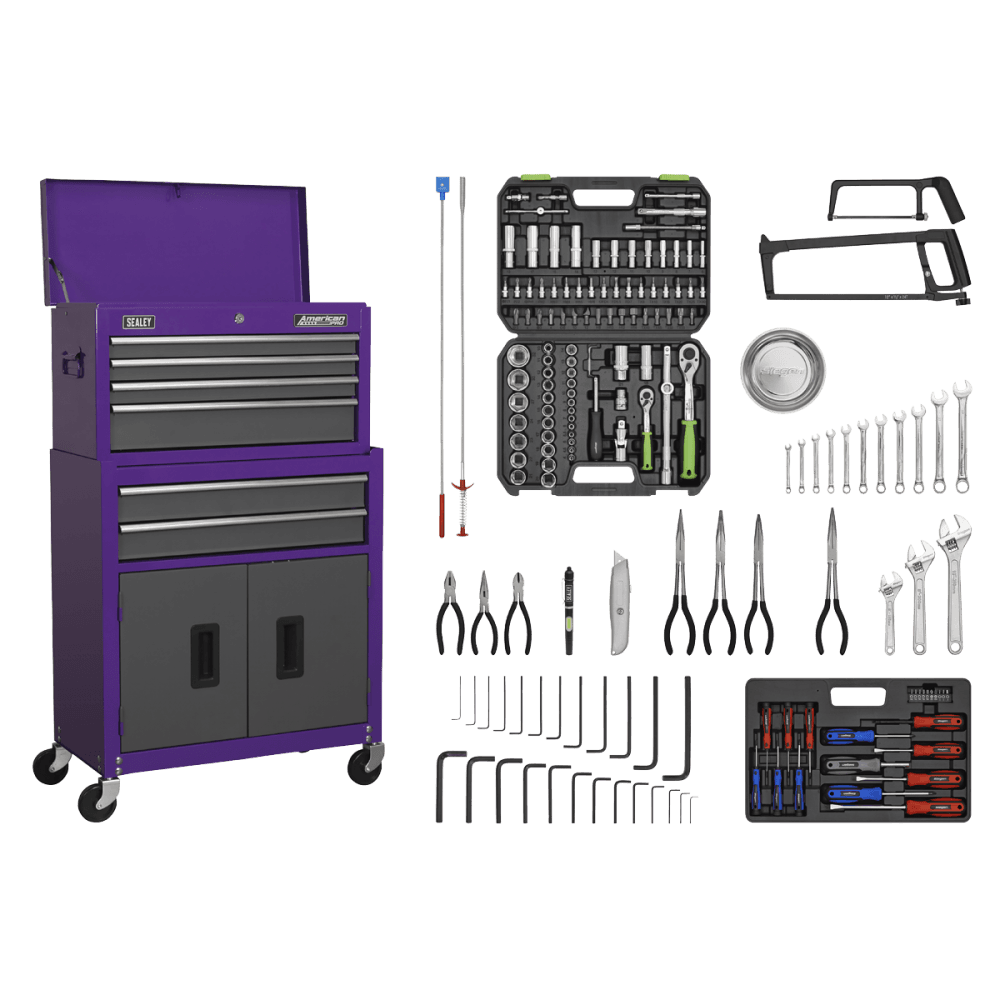 Topchest & Rollcab Combination 6 Drawer with Ball Bearing Slides - Purple/Grey & 128pc Tool Kit Model No- 22065