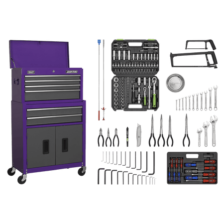Topchest & Rollcab Combination 6 Drawer with Ball Bearing Slides - Purple/Grey & 128pc Tool Kit Model No- 22065