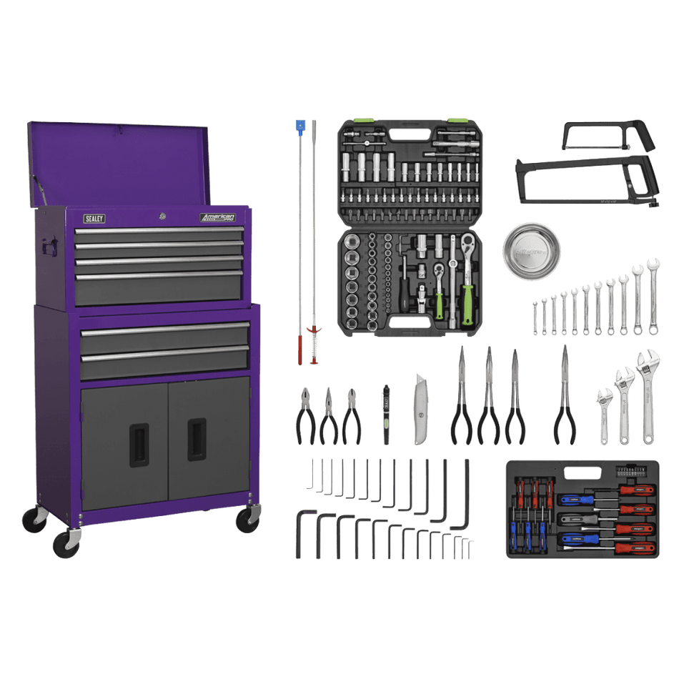 Topchest & Rollcab Combination 6 Drawer with Ball Bearing Slides - Purple/Grey & 128pc Tool Kit Model No- 22065
