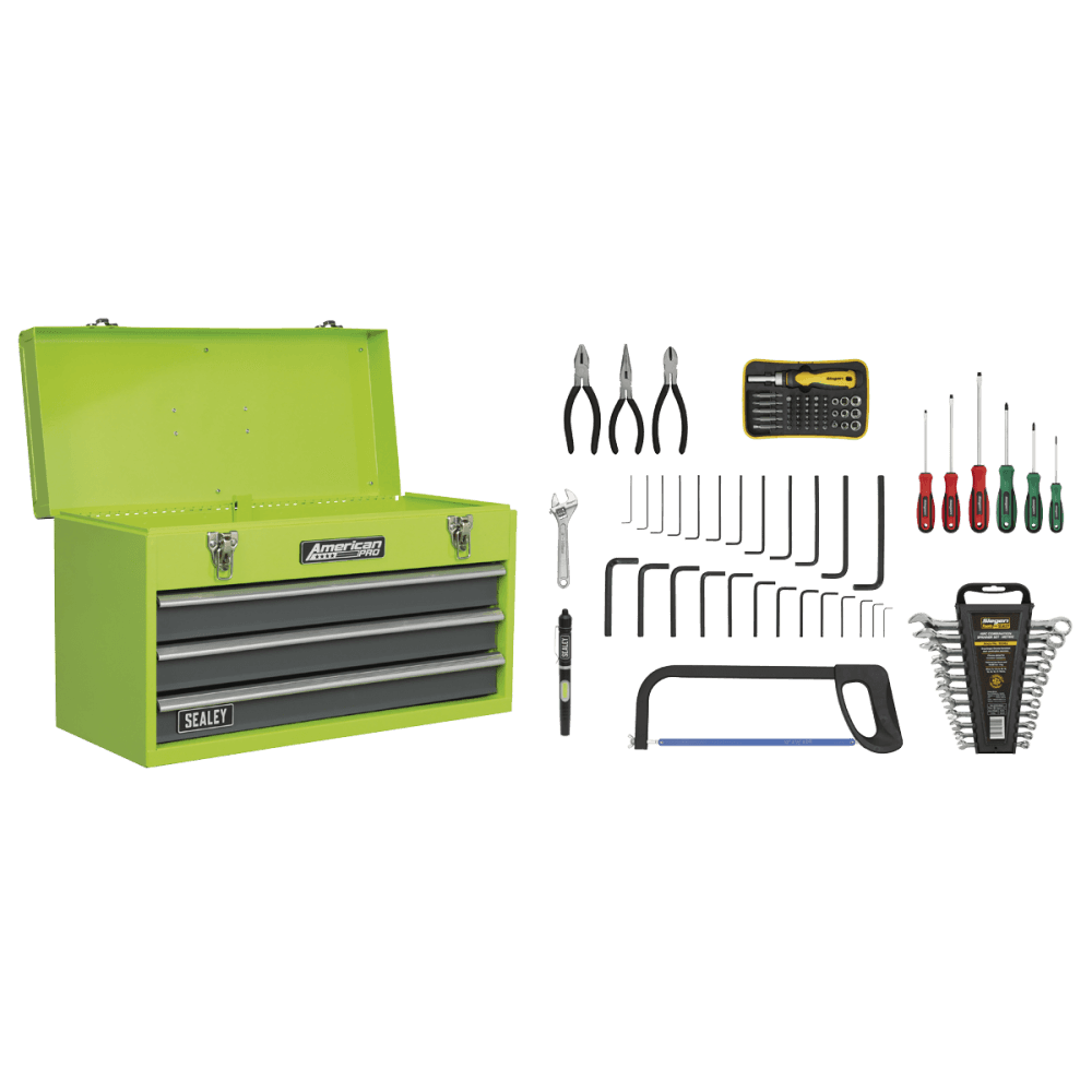 Portable Tool Chest 3 Drawer with Ball Bearing Slides - Hi-Vis & 93pc Tool Kit Model No- 22069