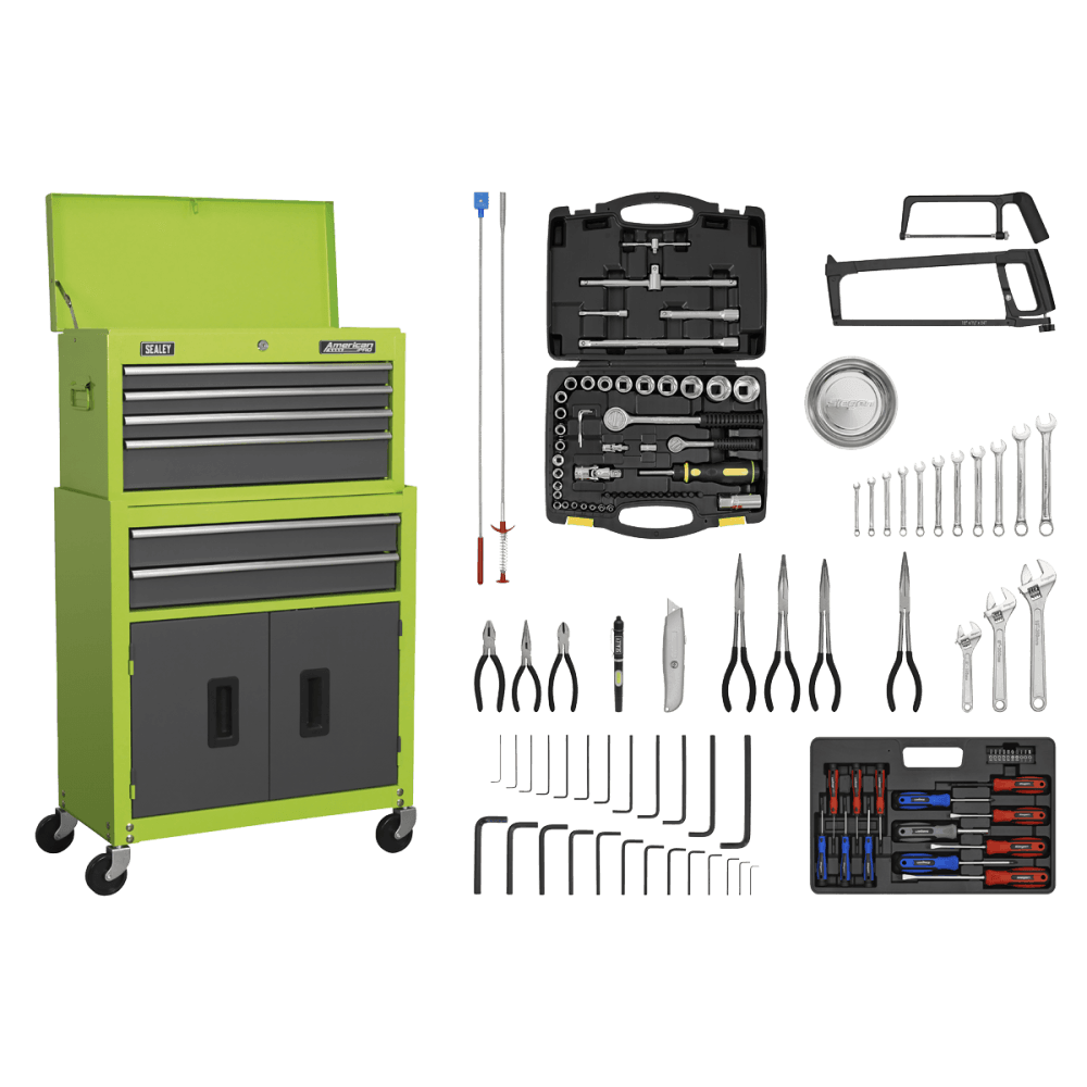 Topchest & Rollcab Combination 6 Drawer with Ball Bearing Slides - Hi-Vis Green/Grey & 128pc Tool Kit Model No- 22066