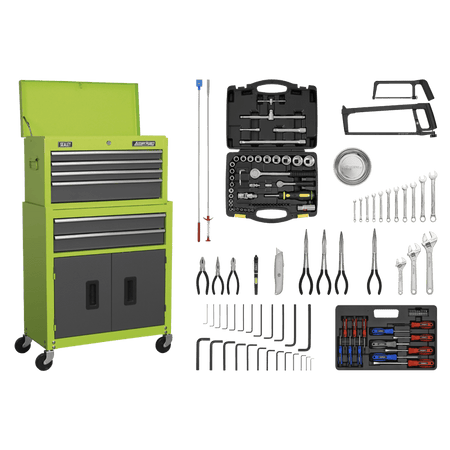 Topchest & Rollcab Combination 6 Drawer with Ball Bearing Slides - Hi-Vis Green/Grey & 128pc Tool Kit Model No- 22066
