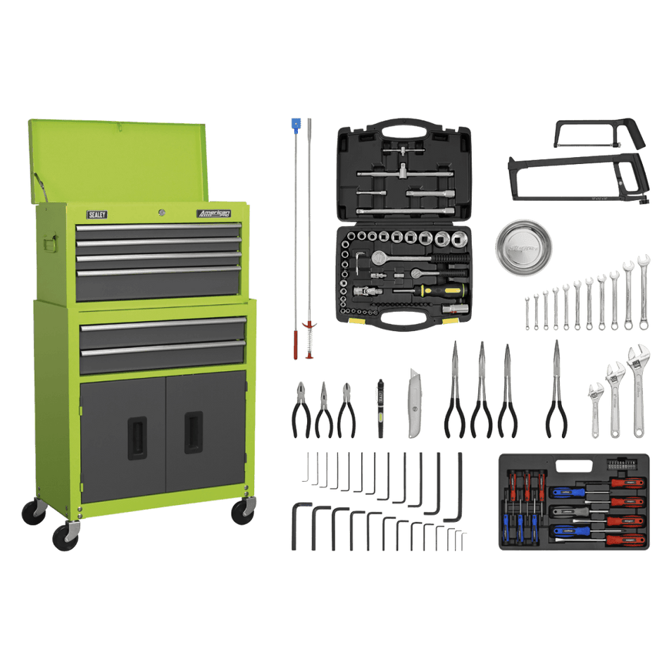 Topchest & Rollcab Combination 6 Drawer with Ball Bearing Slides - Hi-Vis Green/Grey & 128pc Tool Kit Model No- 22066