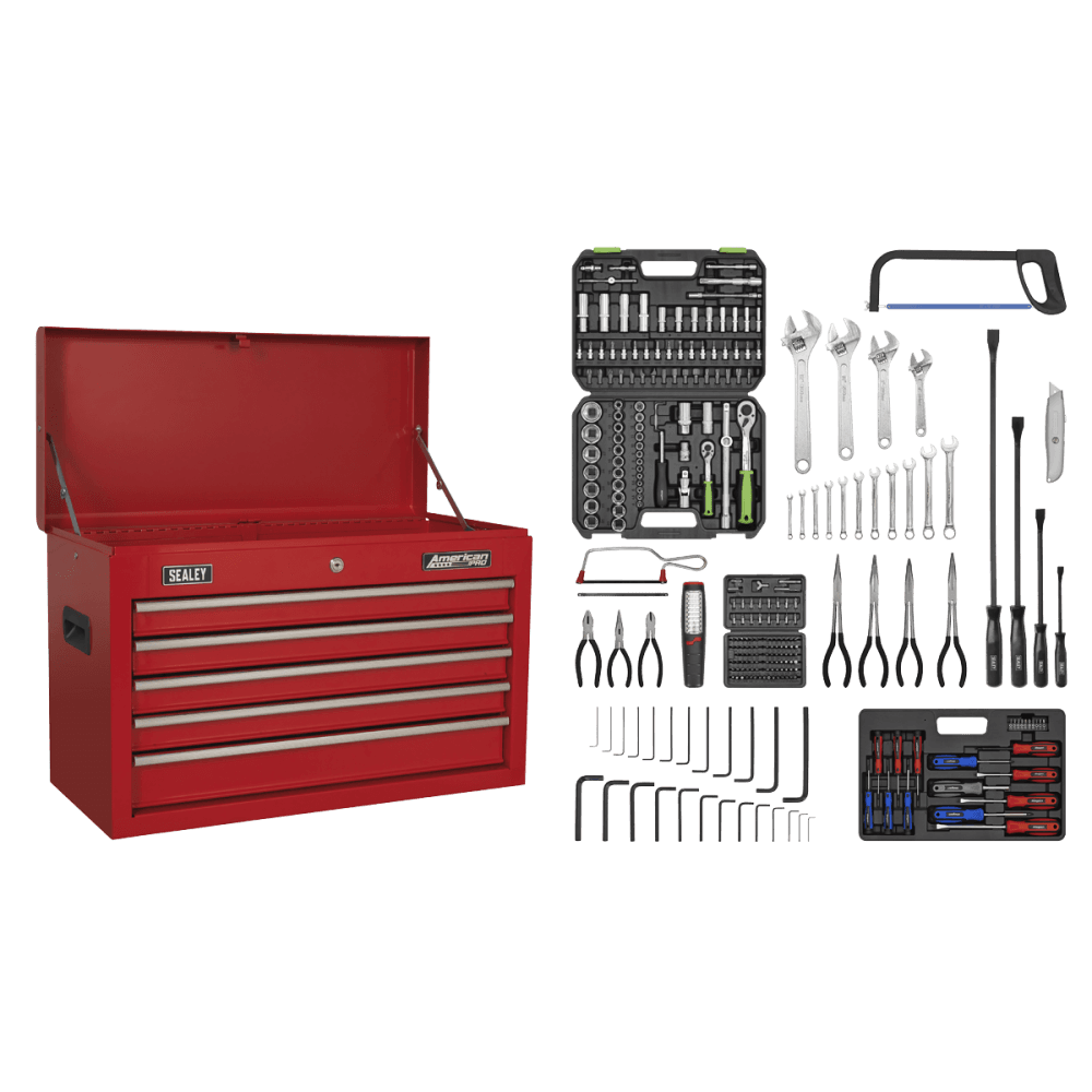 Topchest 5 Drawer with Ball Bearing Slides - Red & 230pc Tool Kit Model No- 22508
