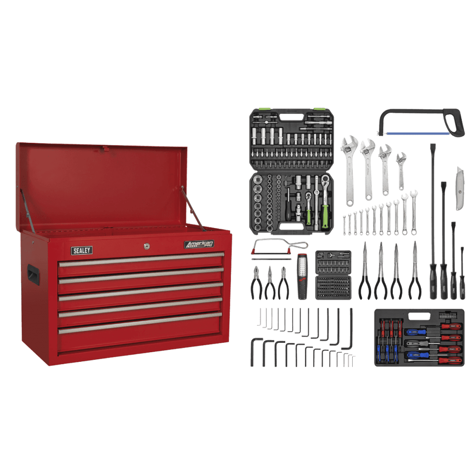 Topchest 5 Drawer with Ball Bearing Slides - Red & 230pc Tool Kit Model No- 22508