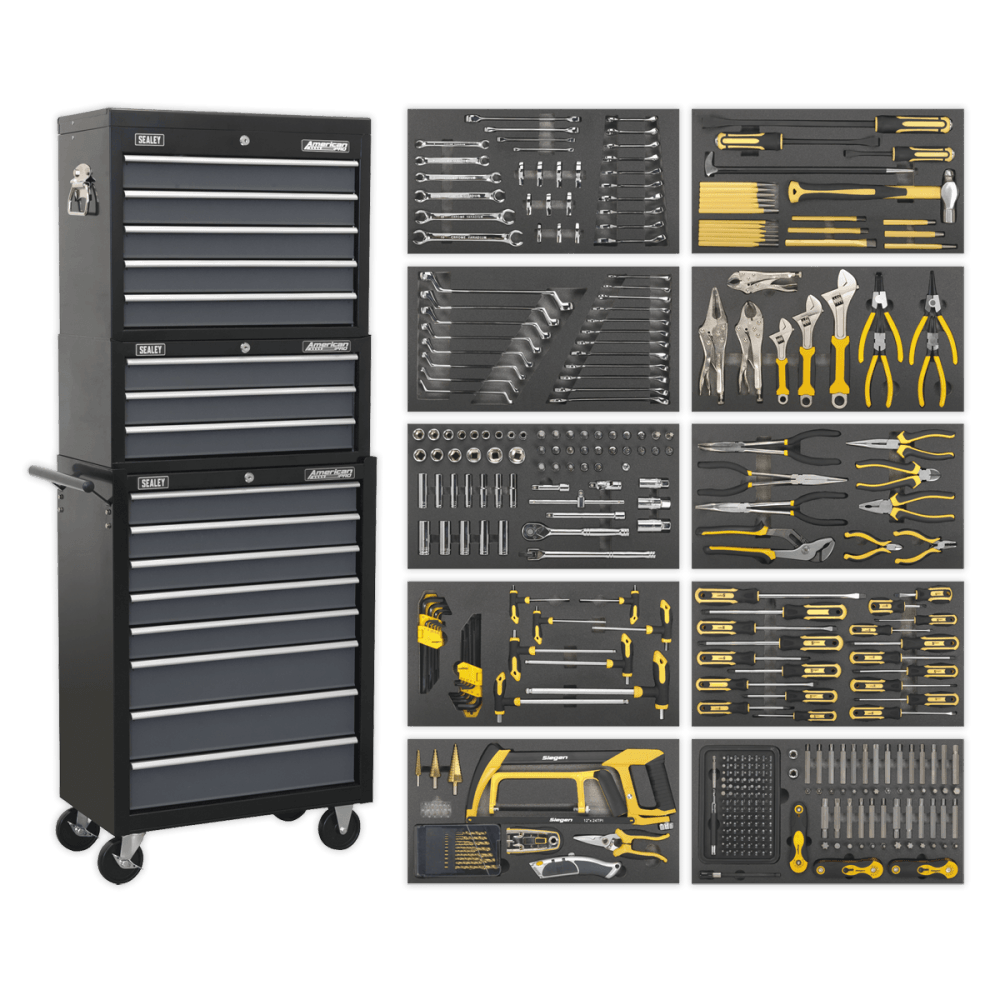 Tool Chest Combination 16 Drawer with Ball Bearing Slides - Black/Grey & 420pc Tool Kit Model No- 22349
