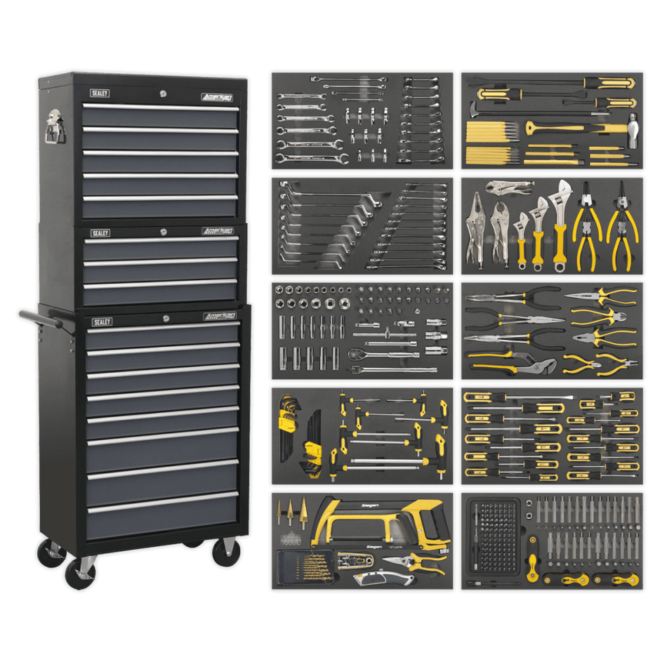 Tool Chest Combination 16 Drawer with Ball Bearing Slides - Black/Grey & 420pc Tool Kit Model No- 22349