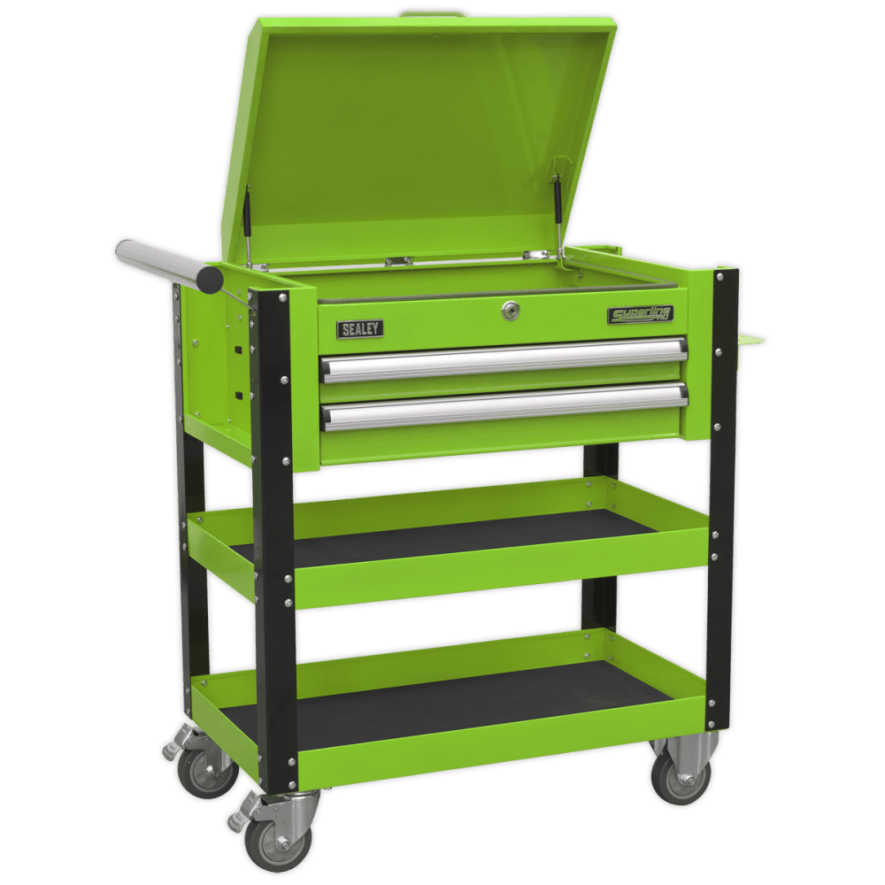 Sealey Heavy-Duty Mobile Tool & Parts Trolley 2 Drawers & Lockable Top - Hi-Vis Green Model No- AP760MHV