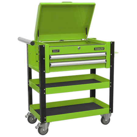 Sealey Heavy-Duty Mobile Tool & Parts Trolley 2 Drawers & Lockable Top - Hi-Vis Green Model No- AP760MHV