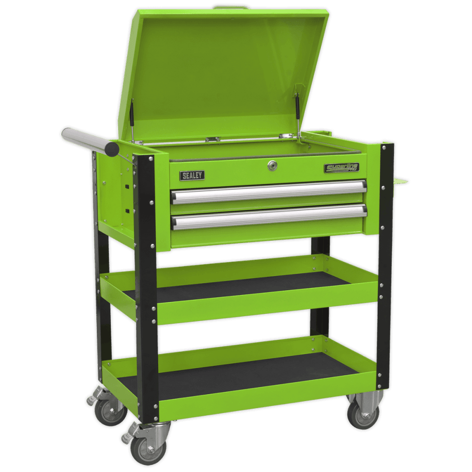 Sealey Heavy-Duty Mobile Tool & Parts Trolley 2 Drawers & Lockable Top - Hi-Vis Green Model No- AP760MHV