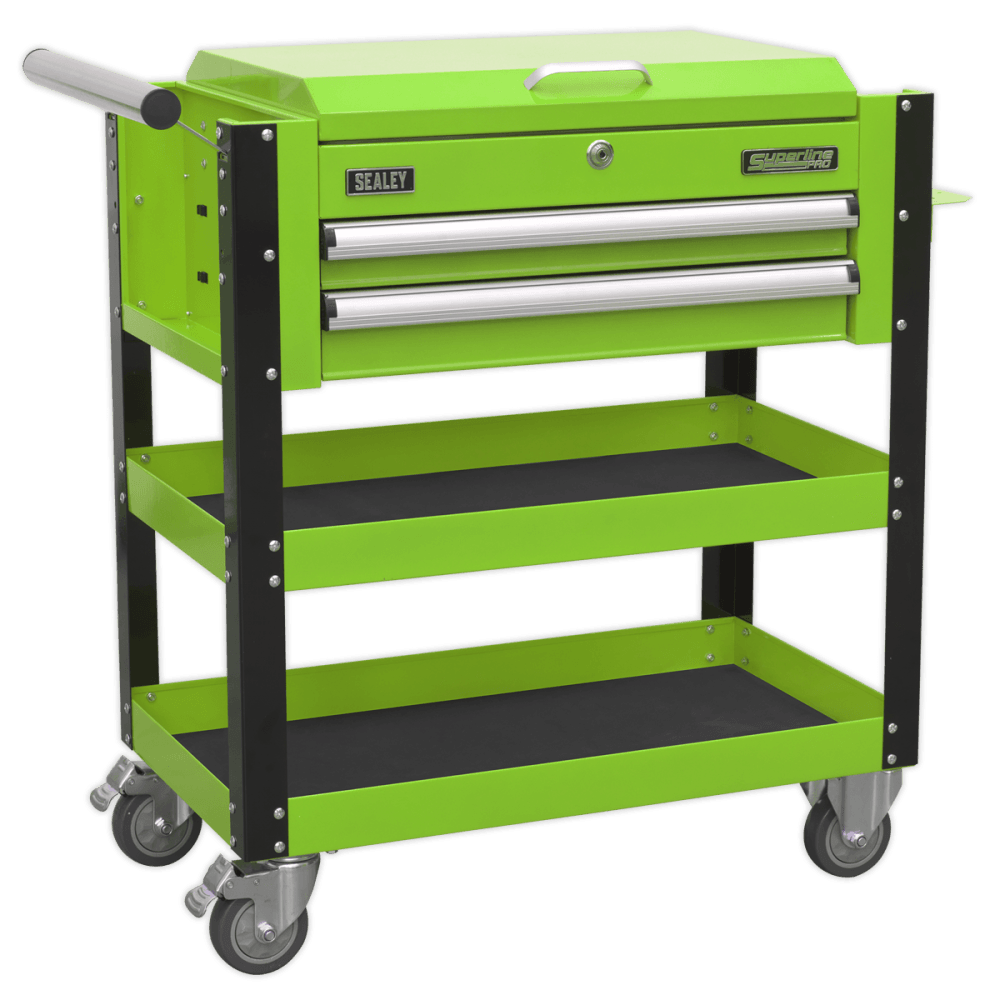 Sealey Heavy-Duty Mobile Tool & Parts Trolley 2 Drawers & Lockable Top - Hi-Vis Green Model No- AP760MHV