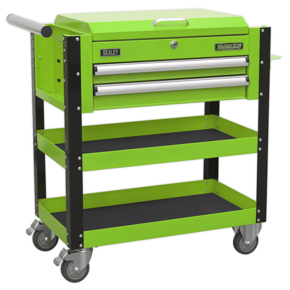 Sealey Heavy-Duty Mobile Tool & Parts Trolley 2 Drawers & Lockable Top - Hi-Vis Green Model No- AP760MHV