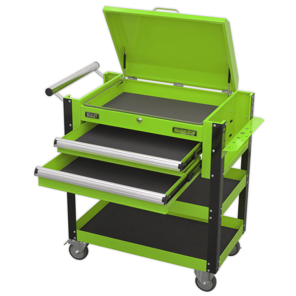 Sealey Heavy-Duty Mobile Tool & Parts Trolley 2 Drawers & Lockable Top - Hi-Vis Green Model No- AP760MHV