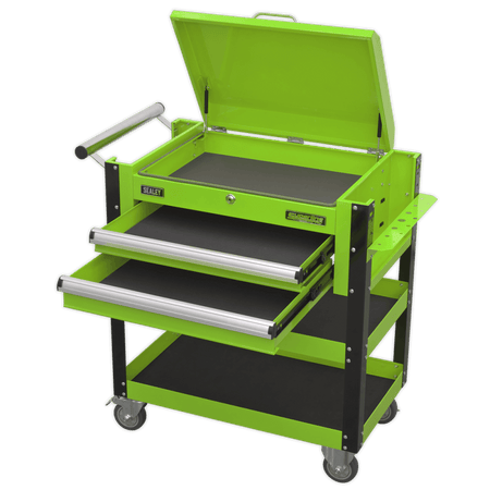 Sealey Heavy-Duty Mobile Tool & Parts Trolley 2 Drawers & Lockable Top - Hi-Vis Green Model No- AP760MHV