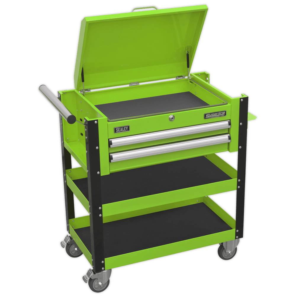 Sealey Heavy-Duty Mobile Tool & Parts Trolley 2 Drawers & Lockable Top - Hi-Vis Green Model No- AP760MHV