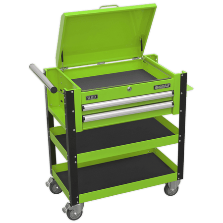 Sealey Heavy-Duty Mobile Tool & Parts Trolley 2 Drawers & Lockable Top - Hi-Vis Green Model No- AP760MHV